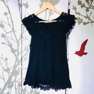 OXMO Black Lace Crochet Embroidered V Neck Flutter Sleeve Top
